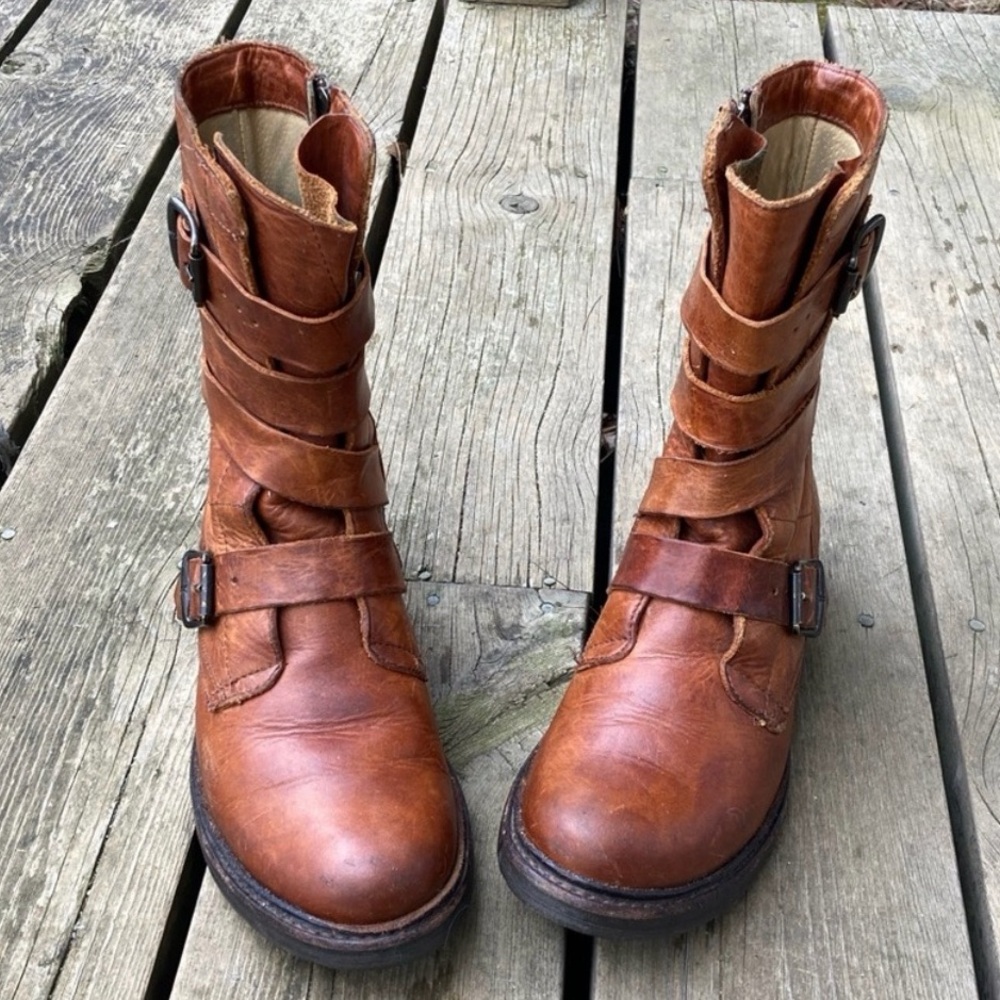 FRYE Boot VERONICA TANKER ENGINEER Combat Boho Distressed Leather Cognac Size 8 - Picture 2 of 13